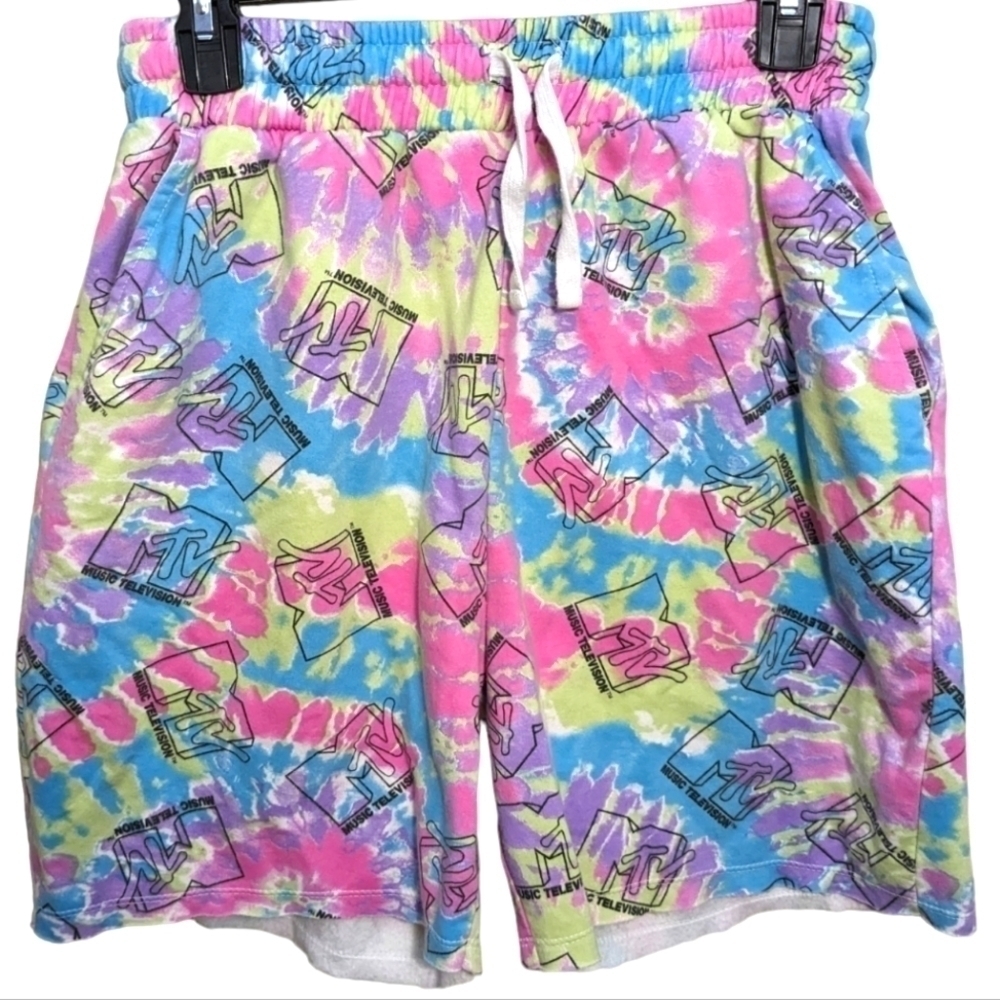 MTV Tie Dye Throwback High Waist Elastic Shorts Juniors M 7-9 Comfy Lounge EUC